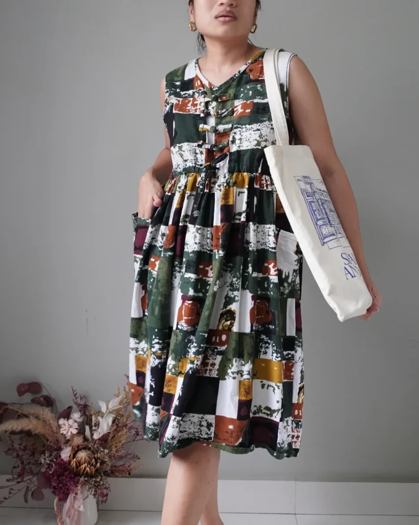 Multi color sleeveless linen dress with drawstring at waist