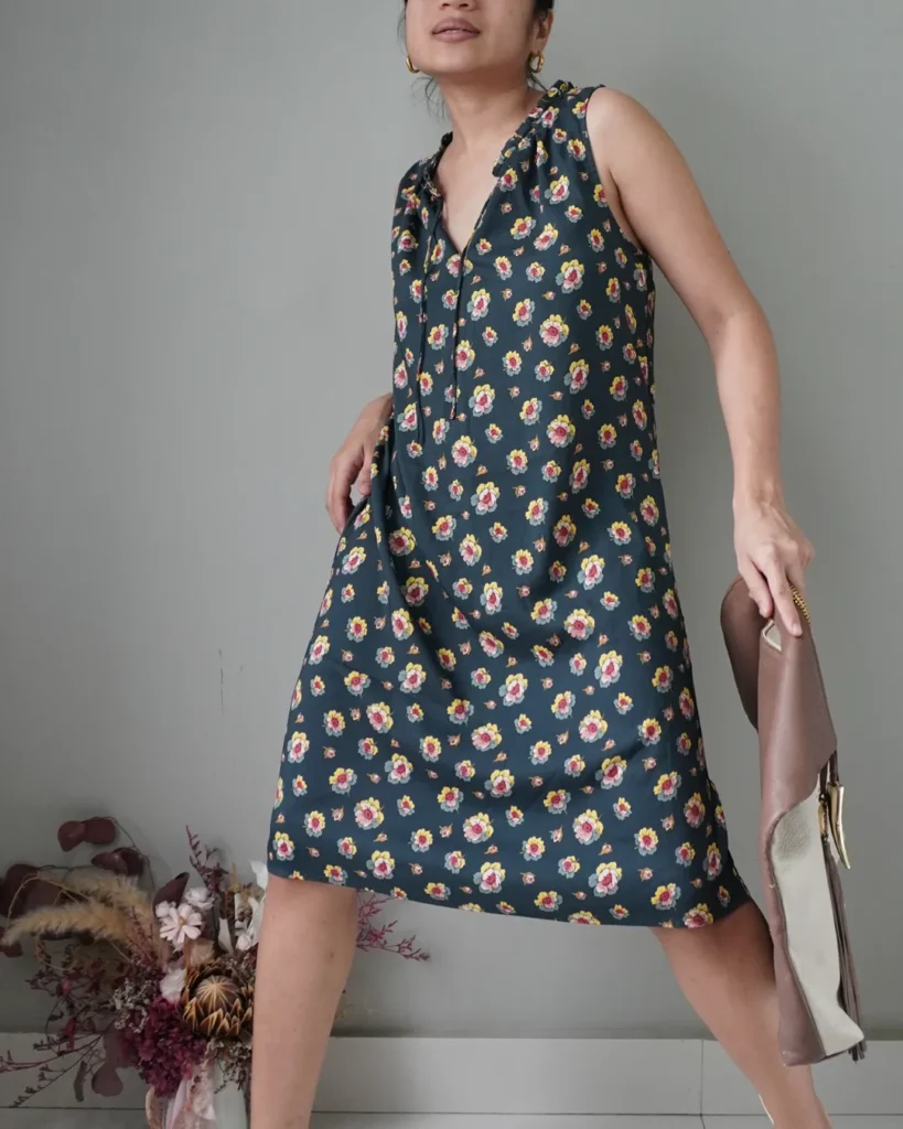 Cartoonish floral pattern sleeveless satin dress