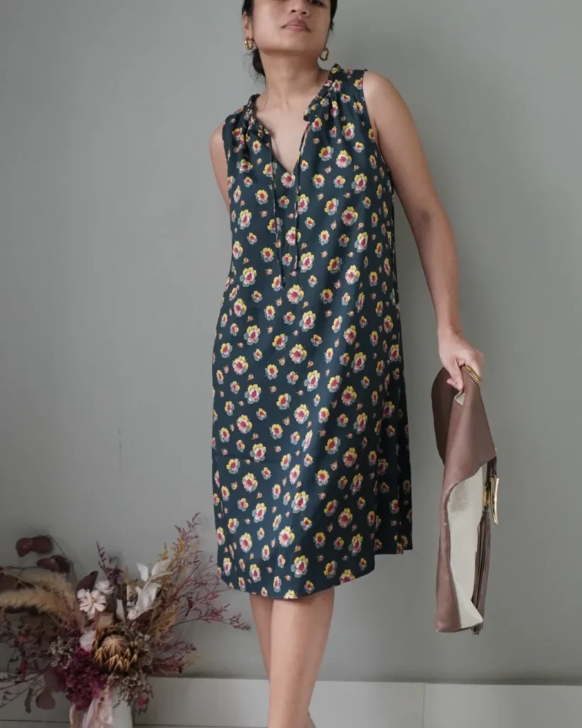 Cartoonish floral pattern sleeveless satin dress