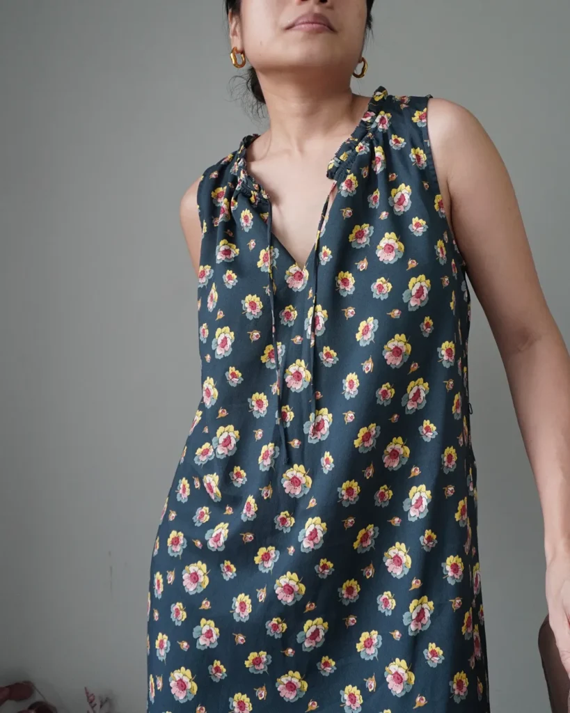 Cartoonish floral pattern sleeveless satin dress