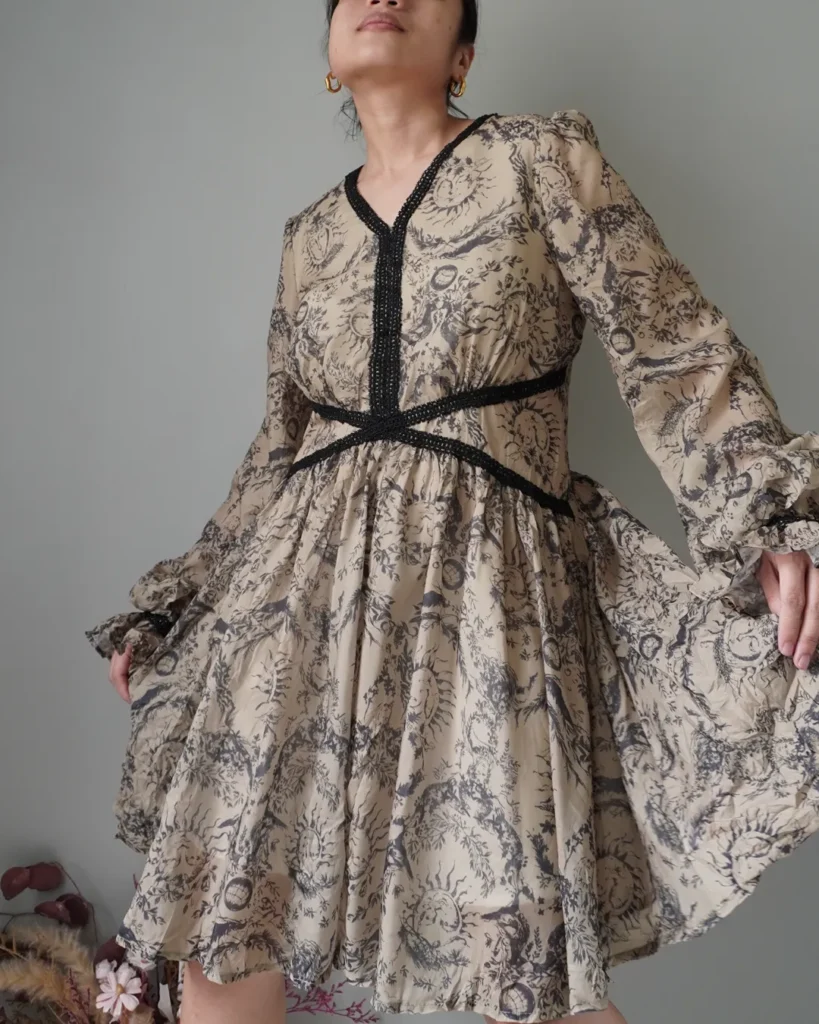 Artichoke green patterned flowy dress with a bit of lace accents