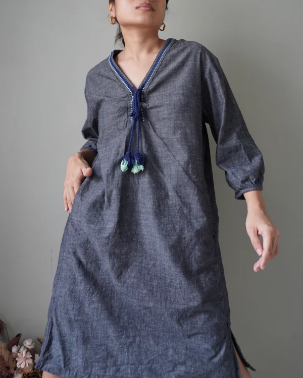 a bluish gray linen casual dress with functional pockets and the prettiest tassel deets - Image 2