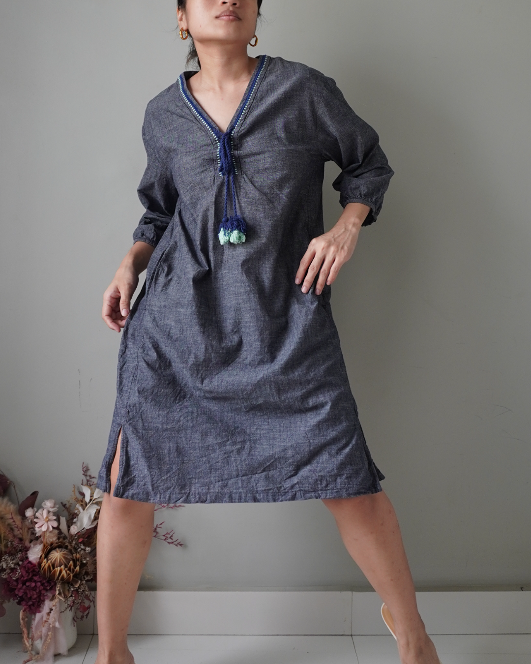 a bluish gray linen casual dress with functional pockets and the prettiest tassel deets - Image 3