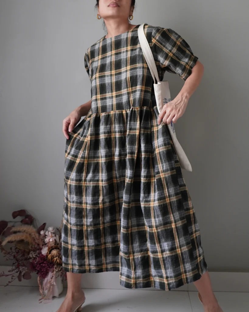 Such a beautiful linen country dress in plaid earth colors