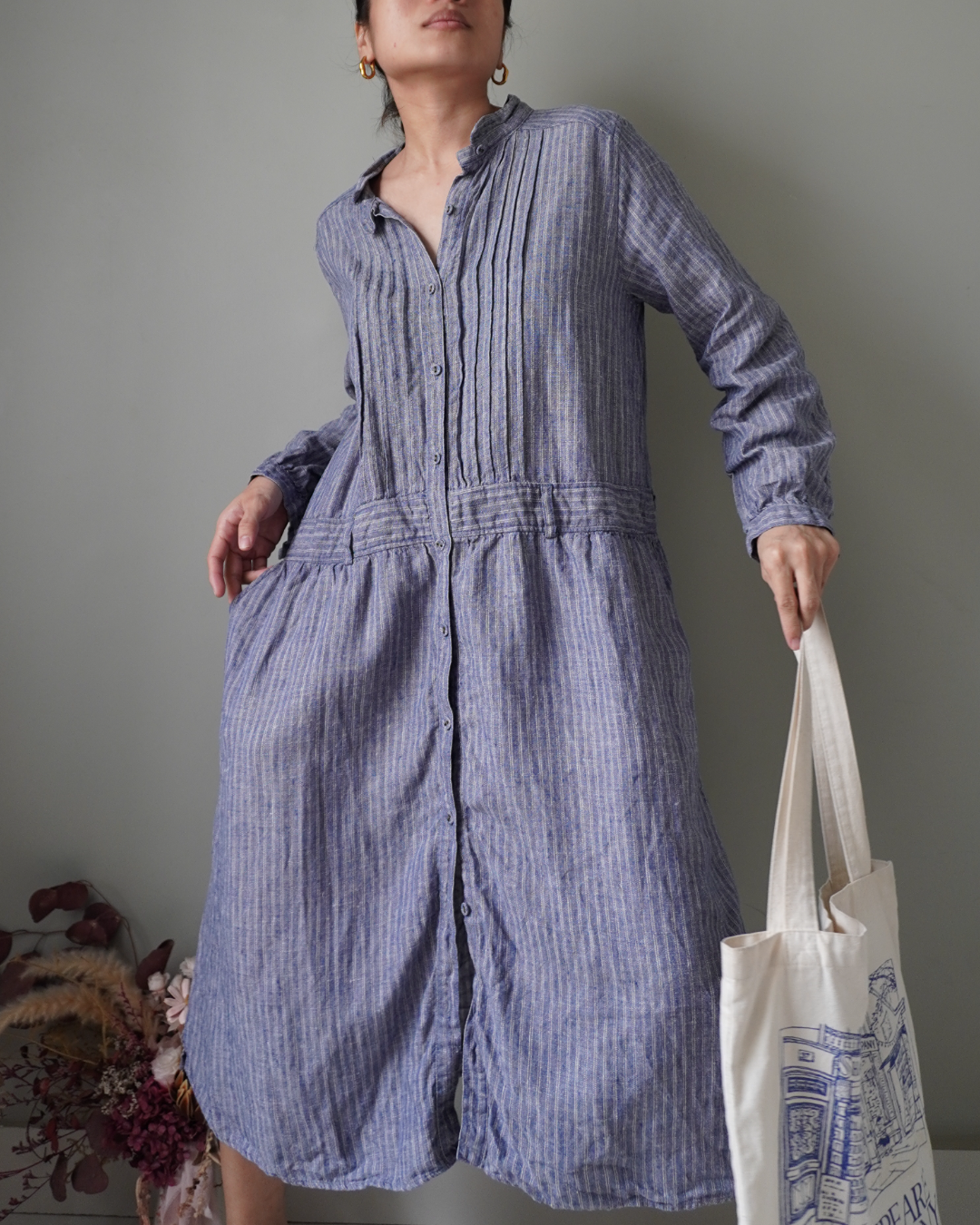 Blue striped pattern dress with button down details, cozy long sleeves and pleat accents - Image 2