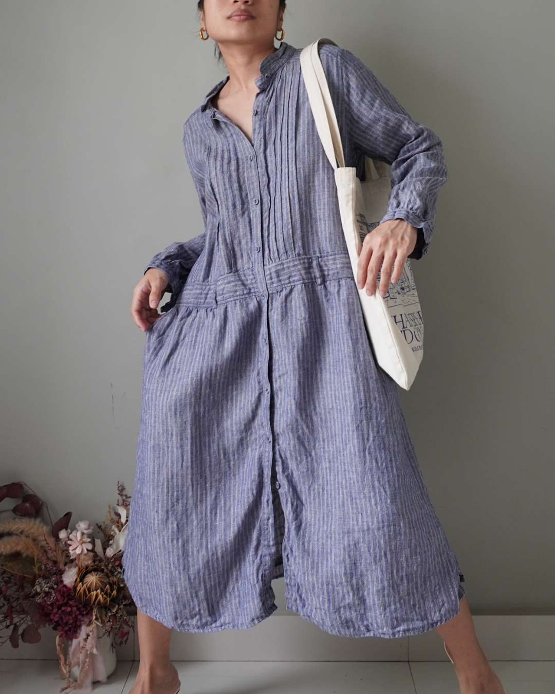 Blue striped pattern dress with button down details, cozy long sleeves and pleat accents - Image 3