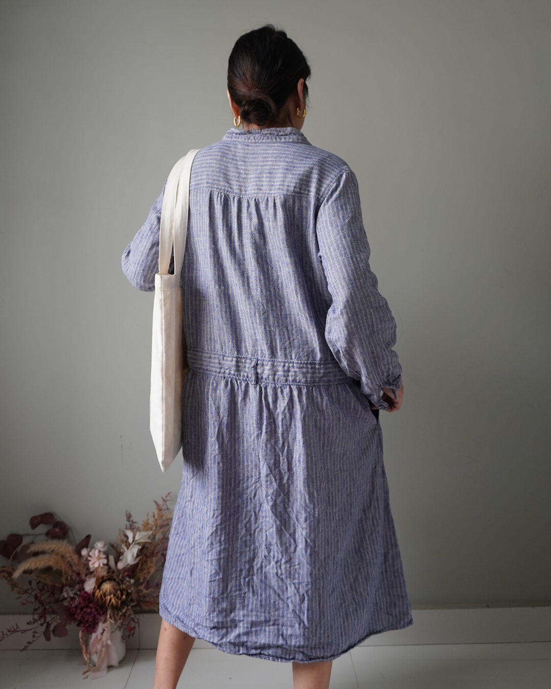 Blue striped pattern dress with button down details, cozy long sleeves and pleat accents - Image 4