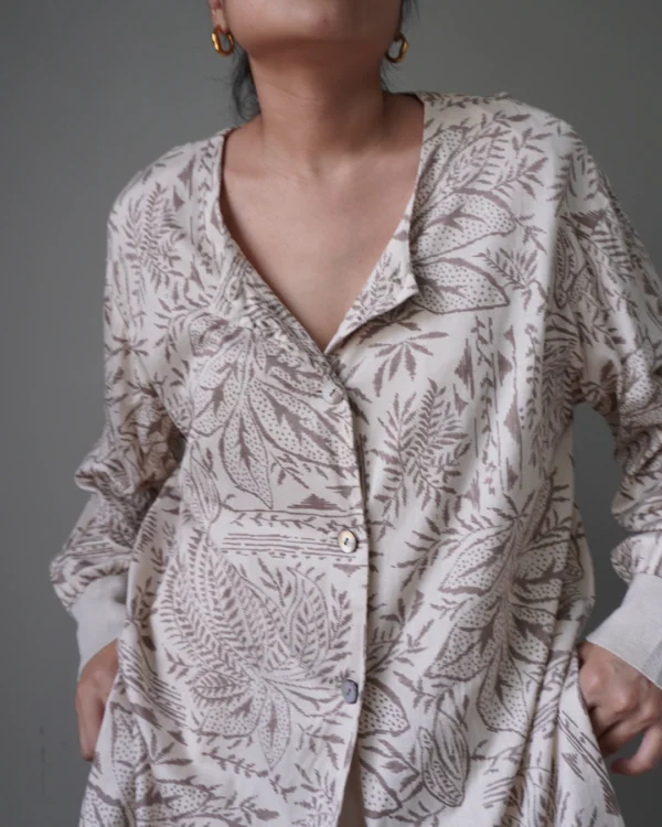 Botanical patterns in a calm neutral shade, button down oversized loose drop top. Effortless and chic - Image 1