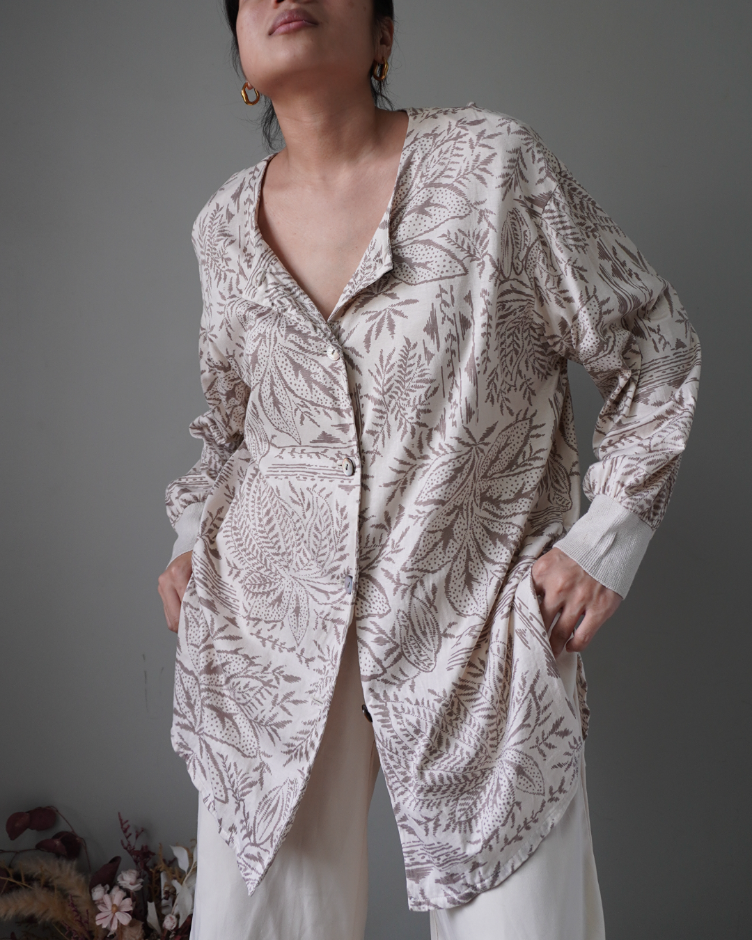 Botanical patterns in a calm neutral shade, button down oversized loose drop top. Effortless and chic - Image 2