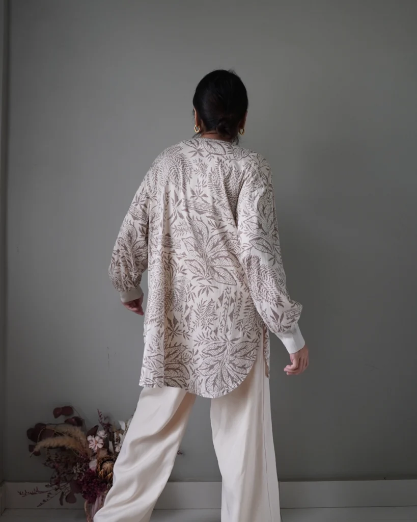 Botanical patterns in a calm neutral shade, button down oversized loose drop top. Effortless and chic