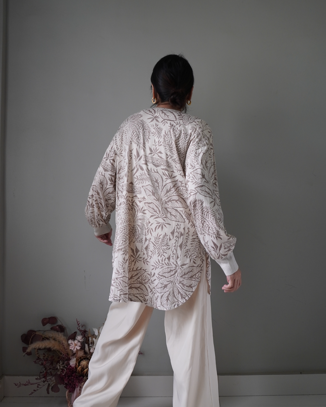 Botanical patterns in a calm neutral shade, button down oversized loose drop top. Effortless and chic - Image 3