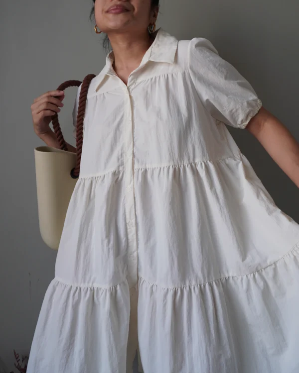 Cream babydoll button down dress with tiered details, shape-friendly - Image 3